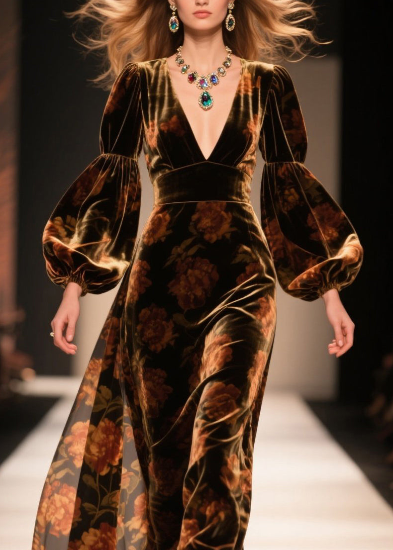 Velvet Deep V-Neck Bishop Sleeve Empire Waist Maxi Gown - View 2