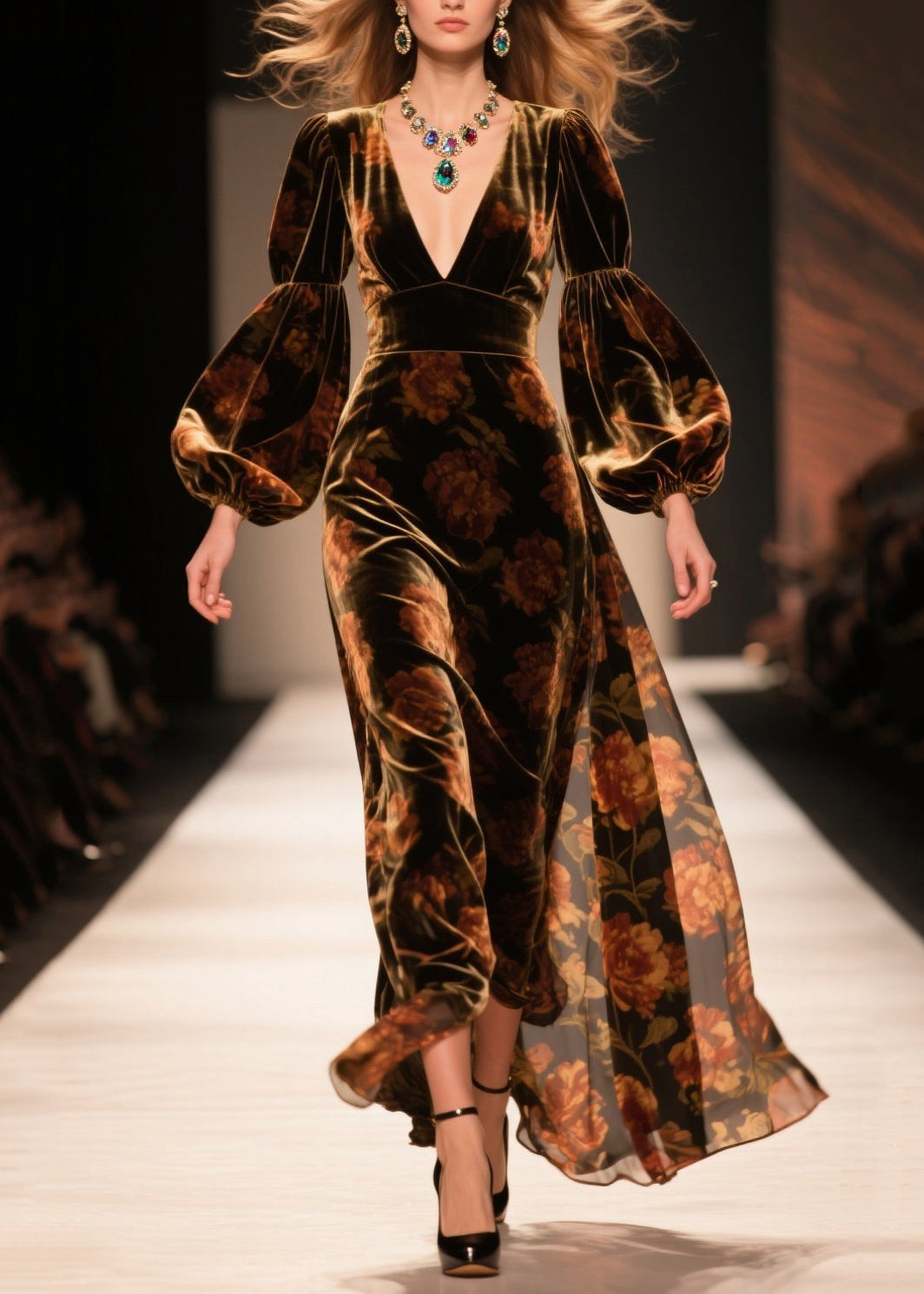Velvet Deep V-Neck Bishop Sleeve Empire Waist Maxi Gown - View 3