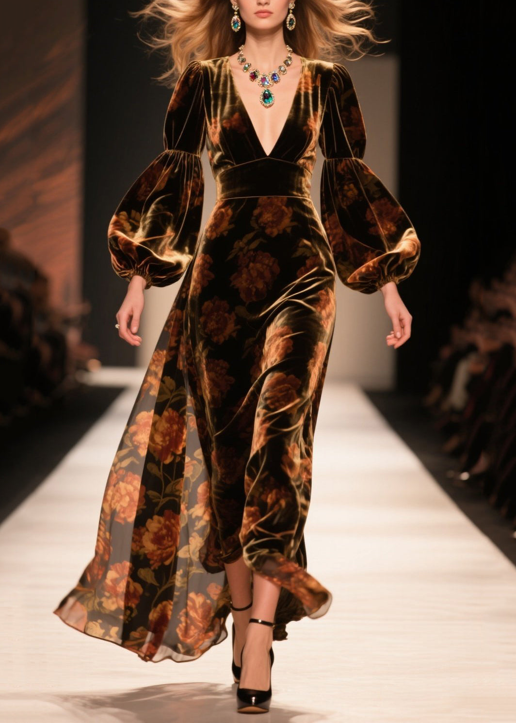 Velvet Deep V-Neck Bishop Sleeve Empire Waist Maxi Gown - View 5