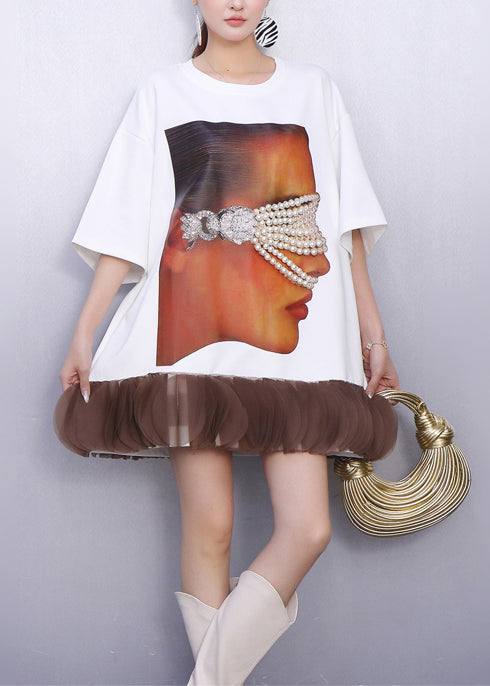 Oversized Crew Neck Short Sleeve Mesh Bubble Ruffle Hem Mini Dress