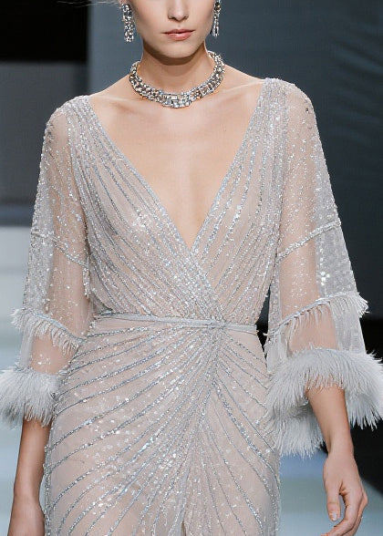Sequin Deep V-Neck Feather Cuff Long Sleeve Wrap Ruffle Midi Dress - View 3
