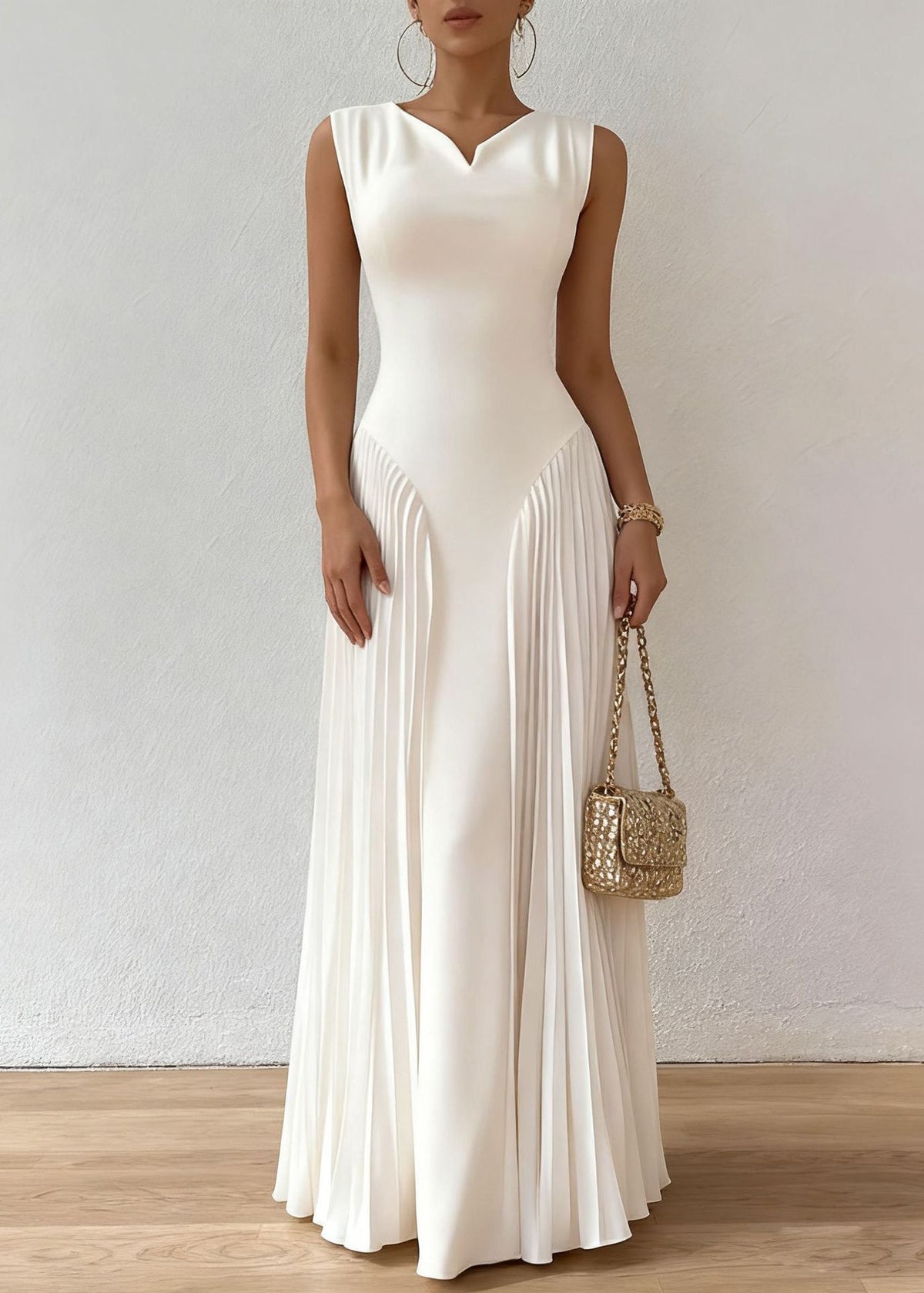 Sleeveless Notched V-Neck Sunray Pleated Side Panel Maxi Gown - View 2
