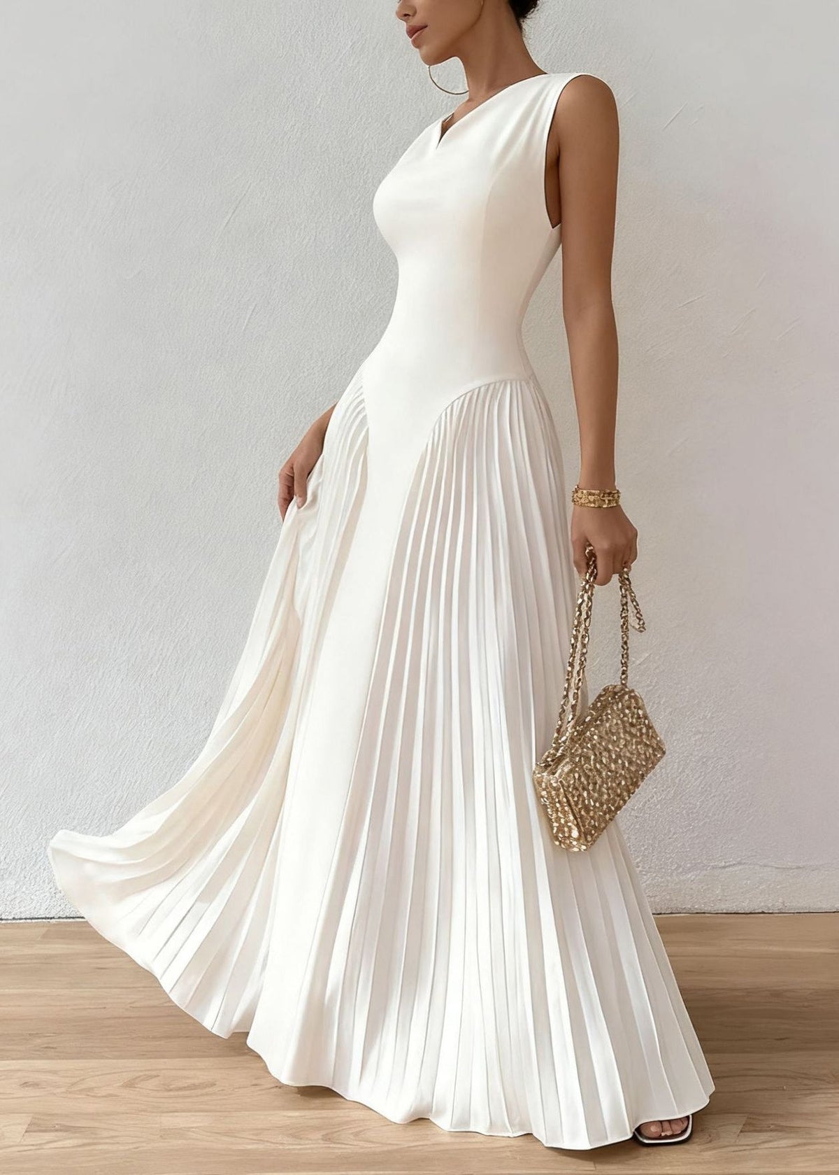 Sleeveless Notched V-Neck Sunray Pleated Side Panel Maxi Gown - View 3