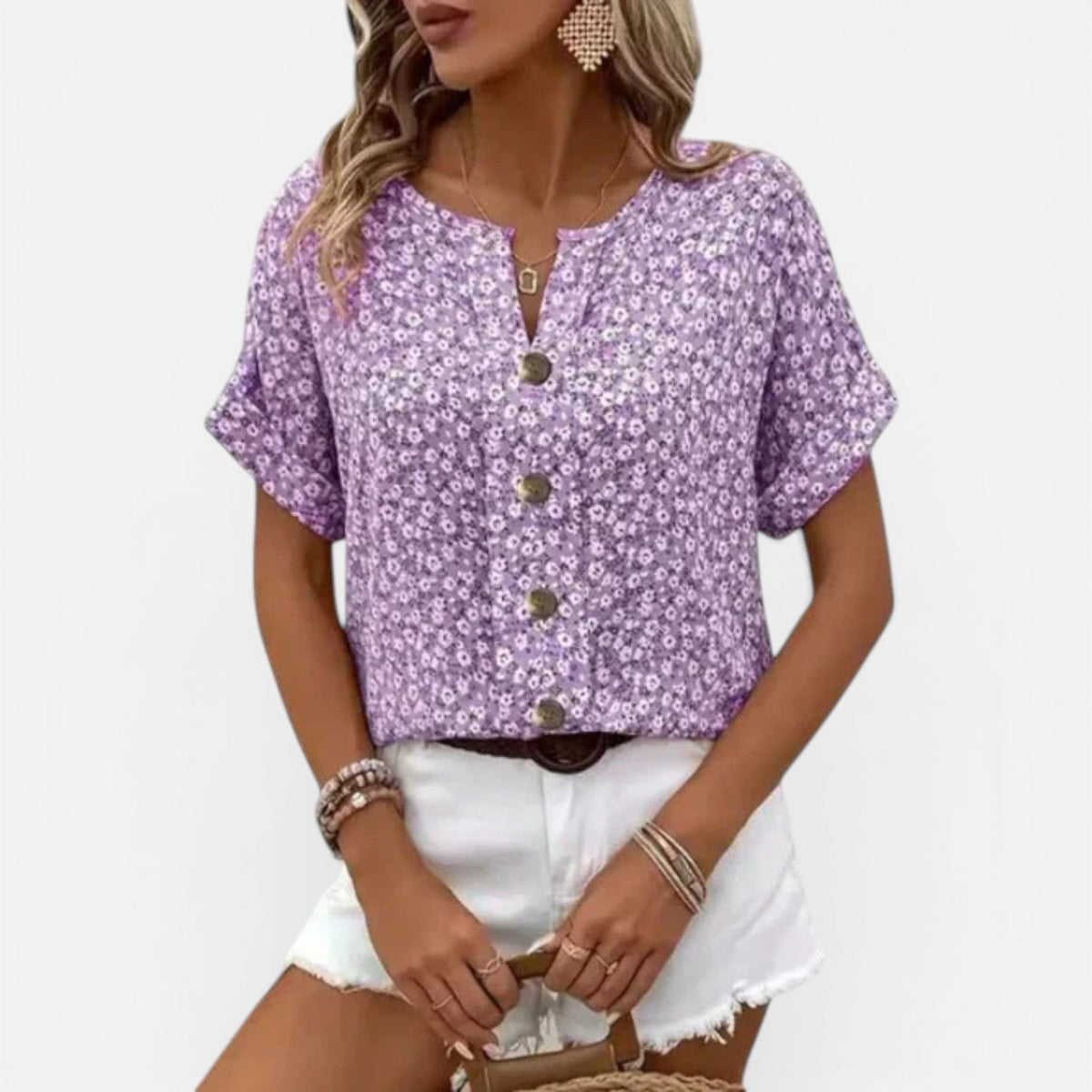 Ditsy Floral Split Neck Button Front Short Sleeve Blouse 3