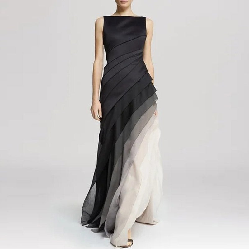 Sleeveless Boat Neck Diagonal Pleated Tiered Maxi Gown - View 3