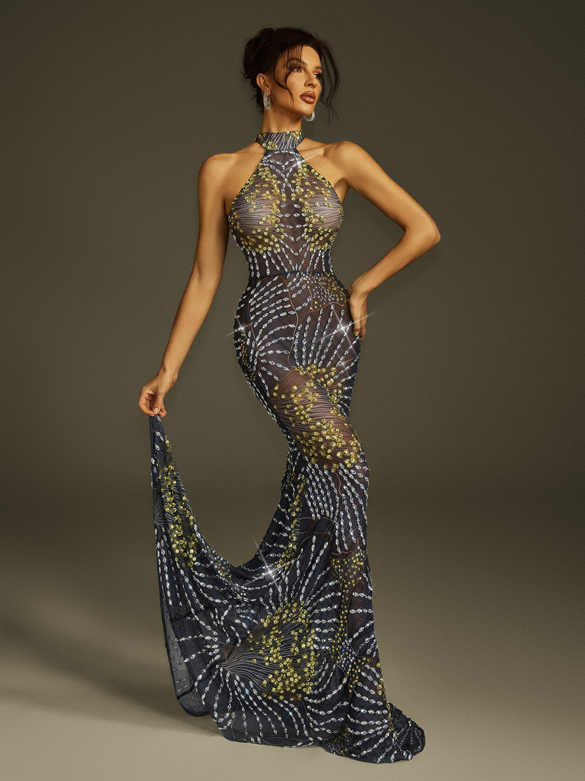 Crystal Mesh Mermaid Maxi Dress - View 2