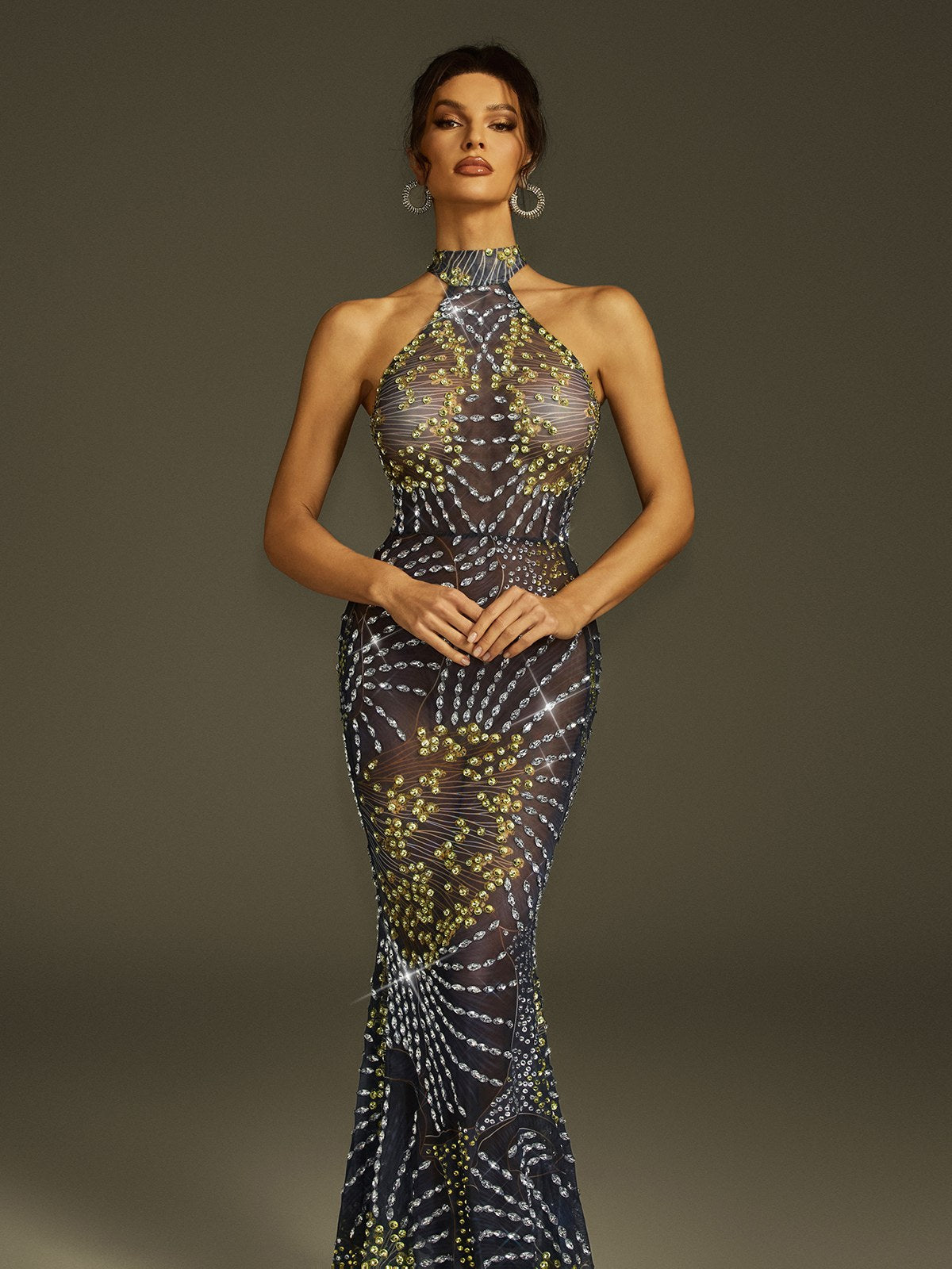 Crystal Mesh Mermaid Maxi Dress - View 3