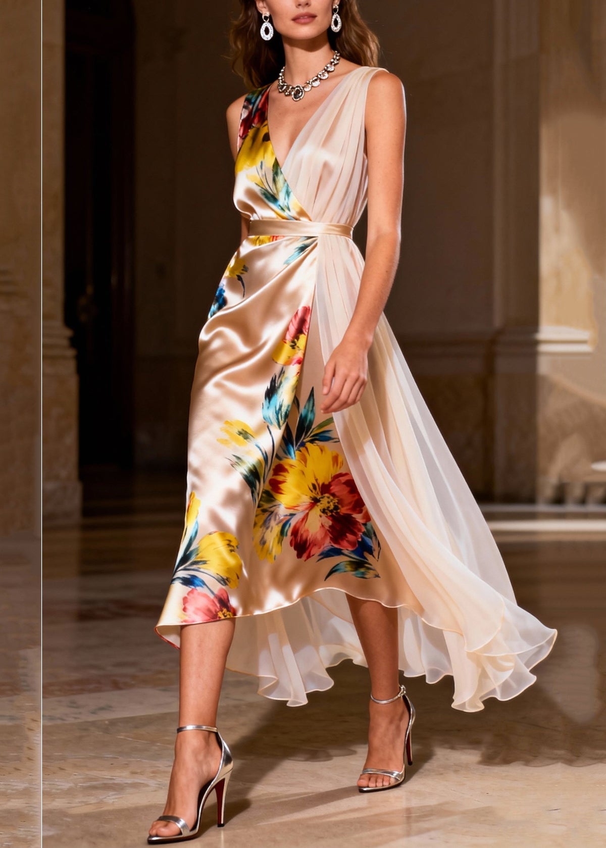 Floral Print Sleeveless V-Neck Wrap Belted Sheer Pleated Dress