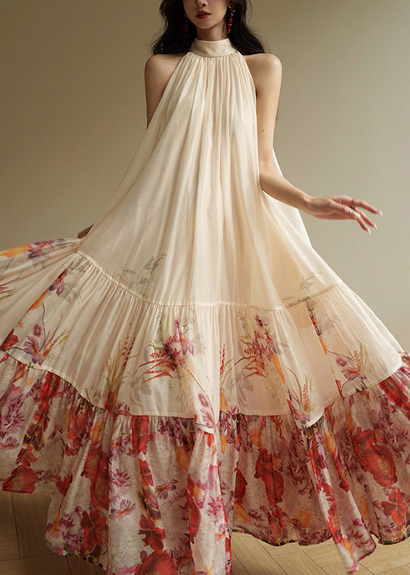 Fine Apricot Print Wrinkled Chiffon Maxi Dresses Summer