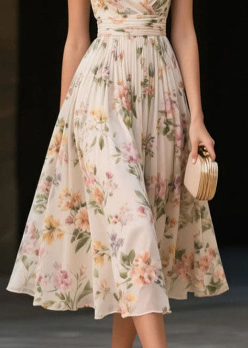 Floral Print Wrap V-Neck Sleeveless Belted Pleated Midi Dress - View 3