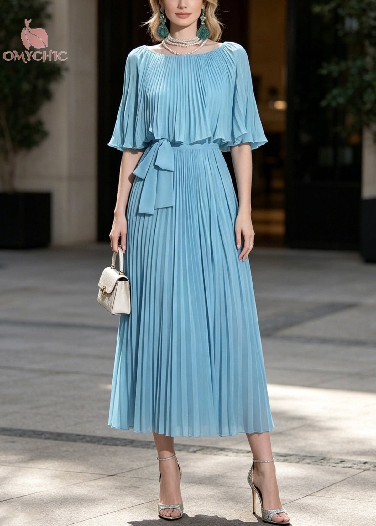 Chiffon Accordion Pleated Round Neck Cape A-Line Midi Dress - View 3