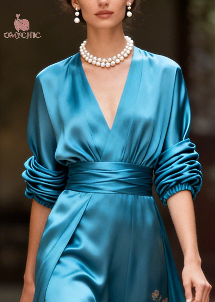 Fine Blue V Neck Print Silk Maxi Dress Long Sleeve - View 2