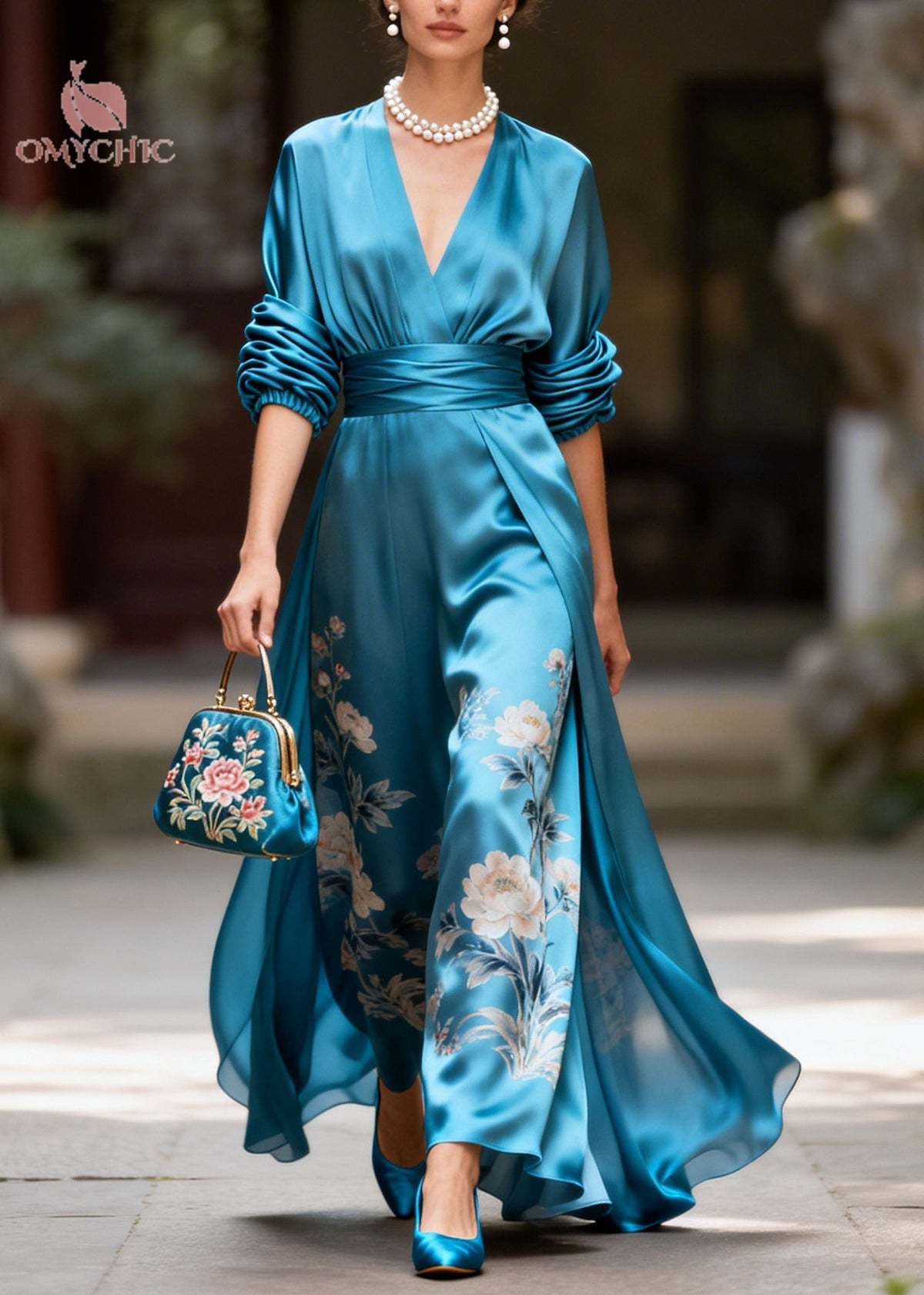 Fine Blue V Neck Print Silk Maxi Dress Long Sleeve - View 3