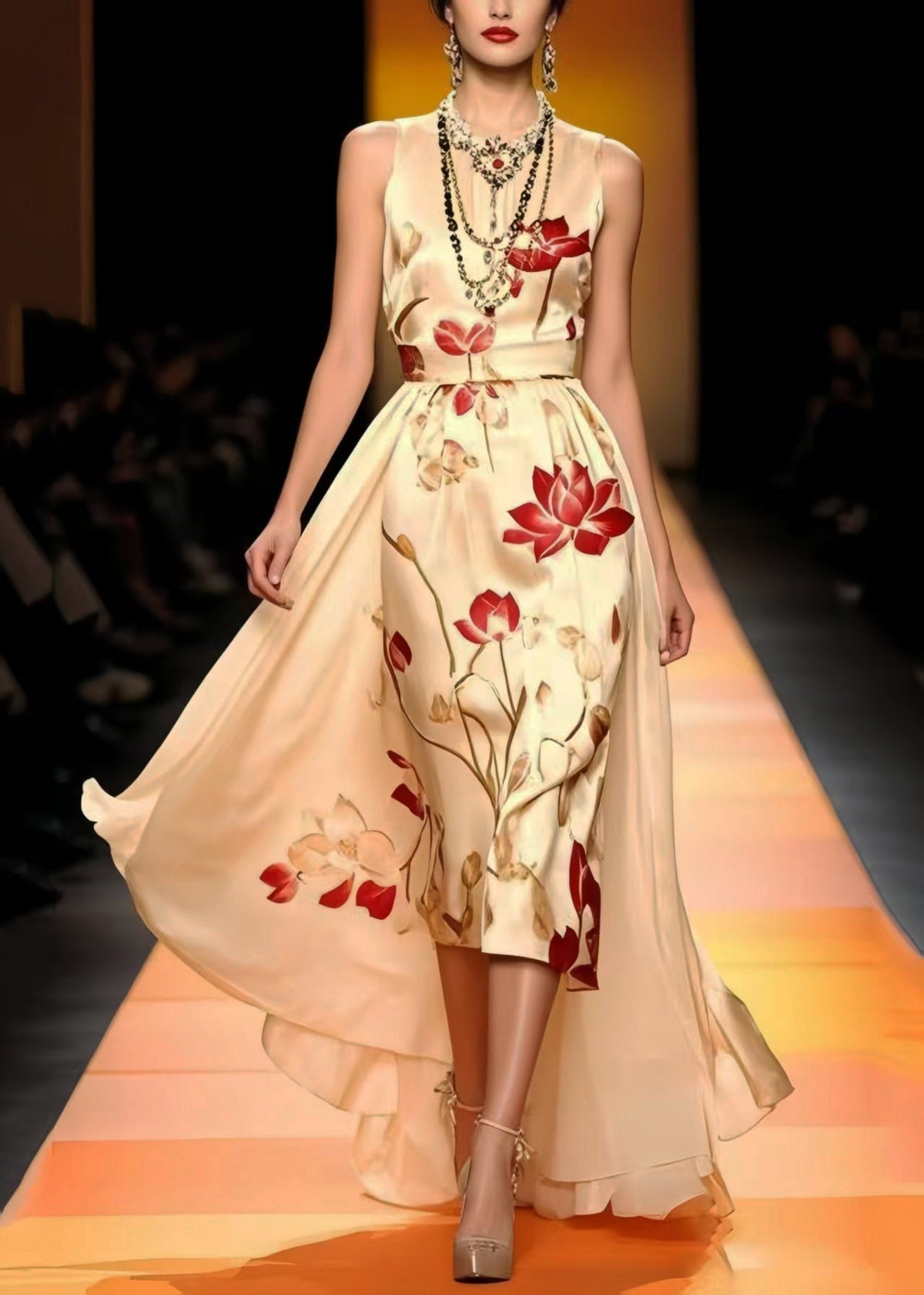 Floral Print Round Neck Sleeveless Satin Attached Maxi Gown - View 5