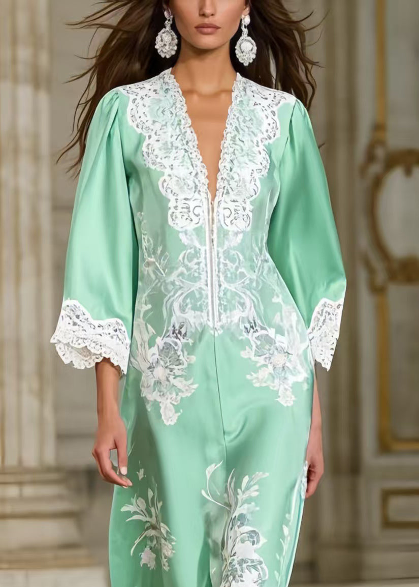 Floral Print Lace Trim Deep V-Neck Bell Sleeve Maxi Gown - View 2