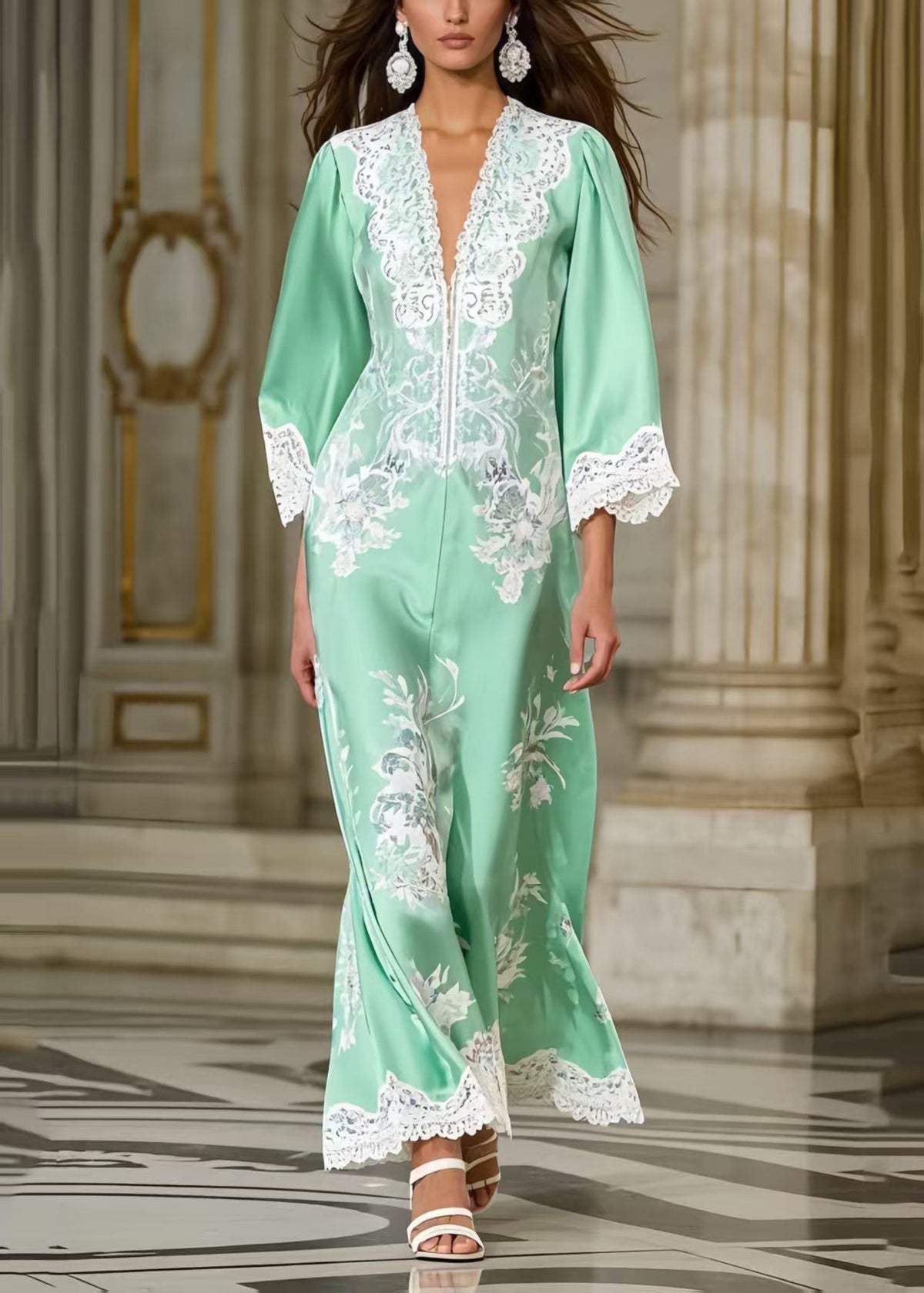 Floral Print Lace Trim Deep V-Neck Bell Sleeve Maxi Gown - View 3