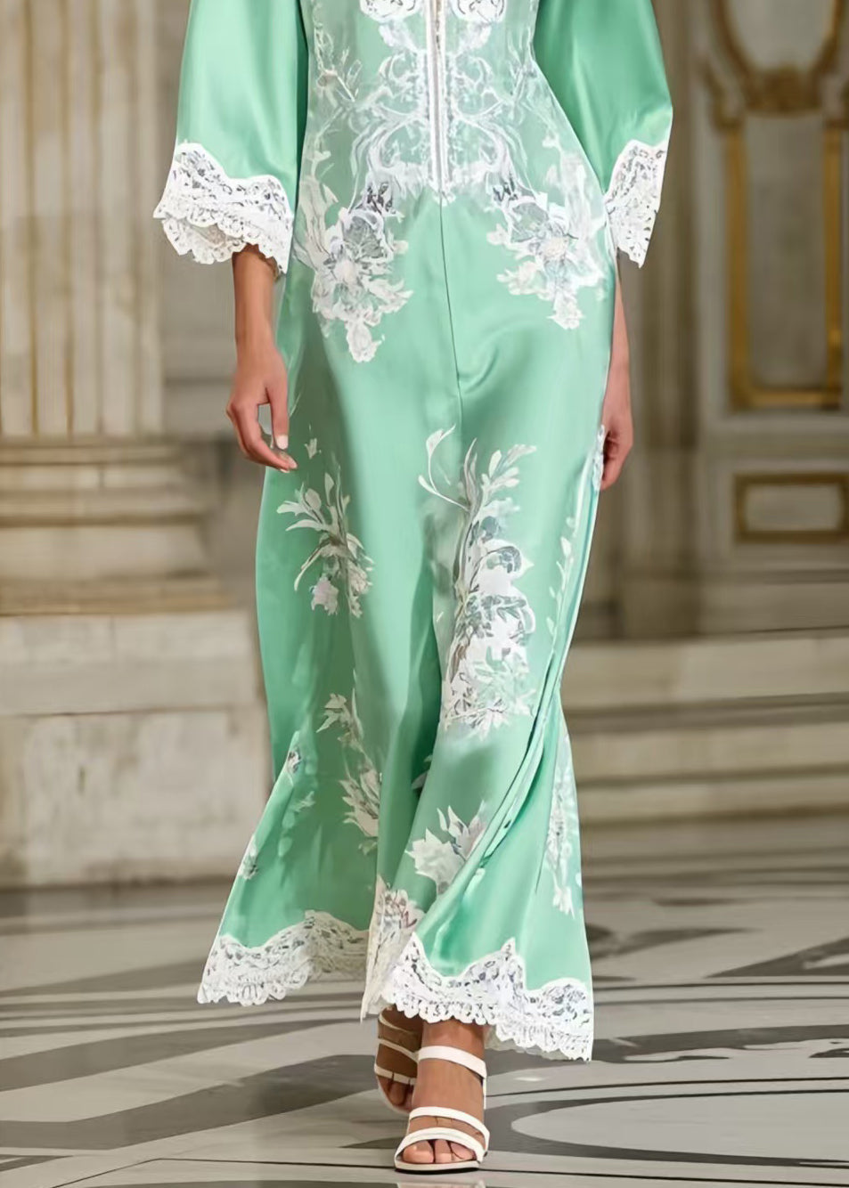 Floral Print Lace Trim Deep V-Neck Bell Sleeve Maxi Gown - View 4