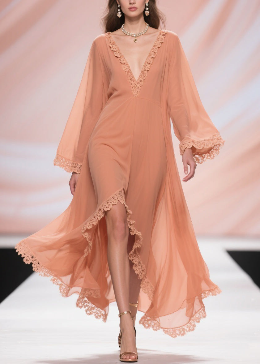 Chiffon Deep V-Neck Bell Sleeve Lace Trim High Low Maxi Dress - View 5