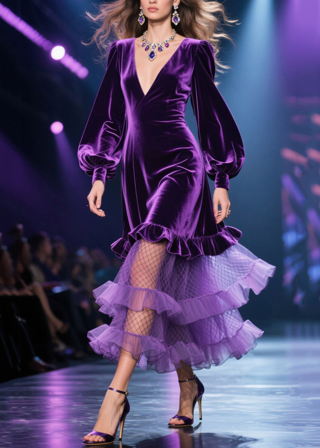 Fine Purple Tulle Ruffled Patchwork Velvet Long Dress Fall - View 3