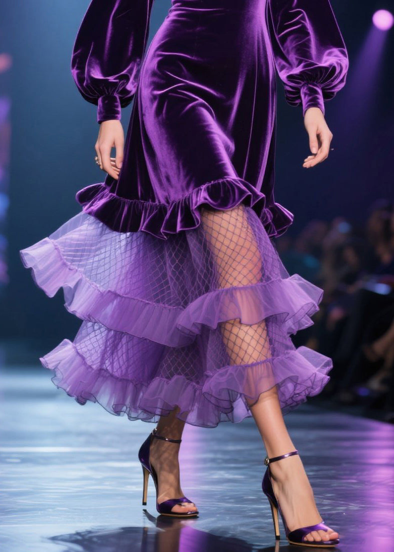 Fine Purple Tulle Ruffled Patchwork Velvet Long Dress Fall - View 5