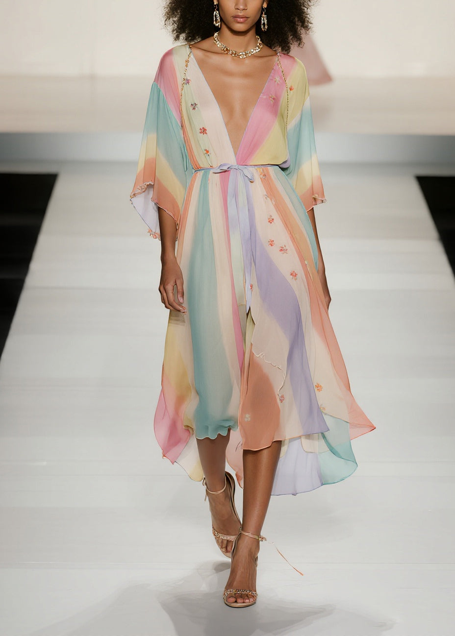 Chiffon Deep V-Neck Batwing Sleeve Tie Waist High Low Midi Dress