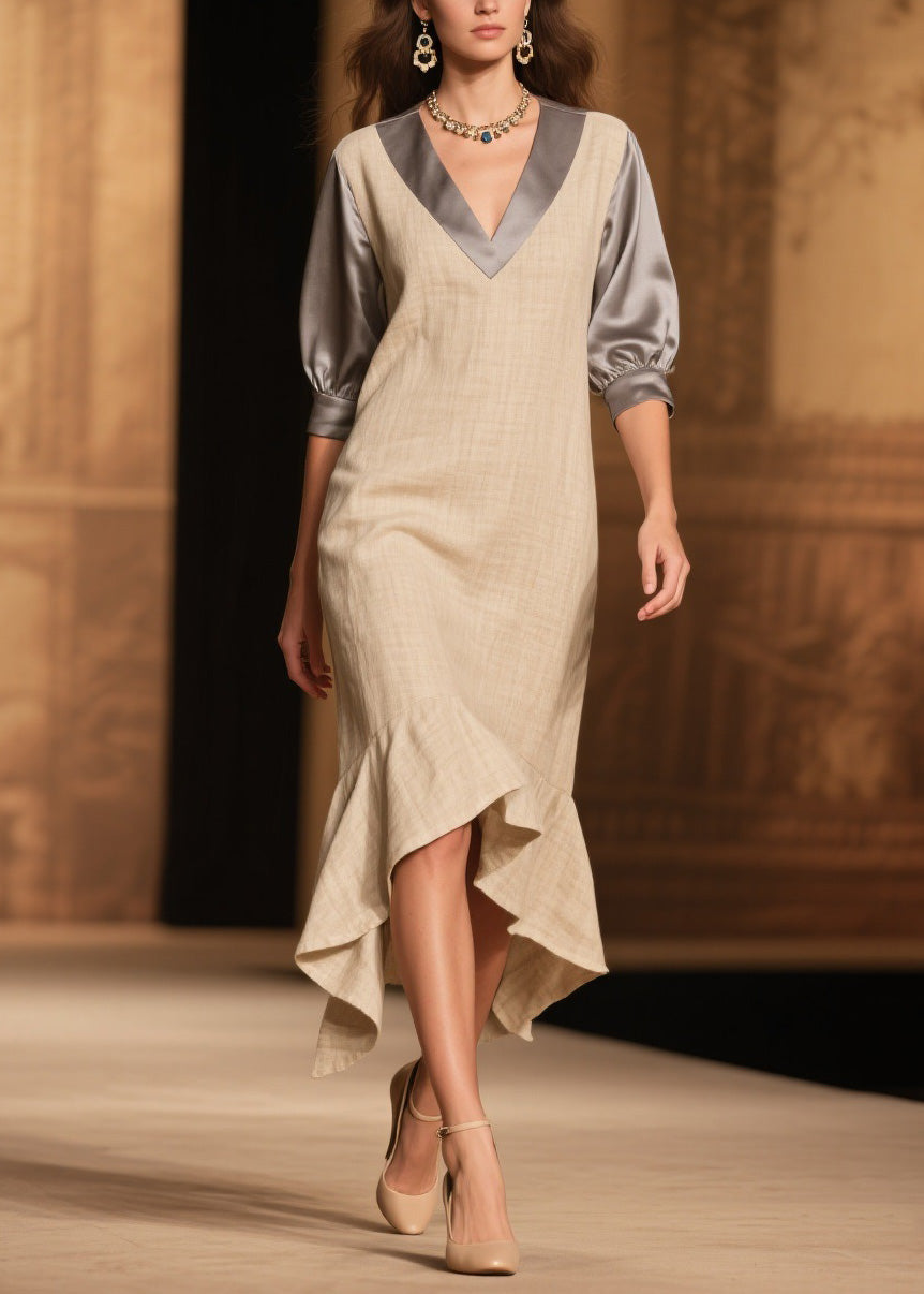 Deep V-Neck Puff Sleeve Satin Contrast Trim Wide Midi Dress