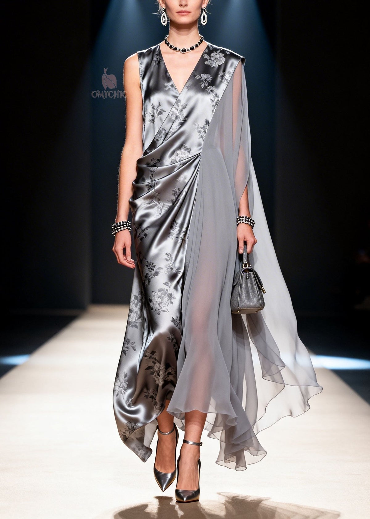 Floral Print Satin Deep V-Neck Draped Chiffon Wrap Maxi Gown