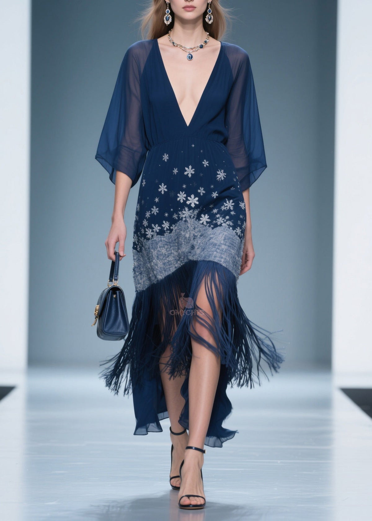 Fine V Neck Print Tassel Chiffon Maxi Dresses Summer - View 5