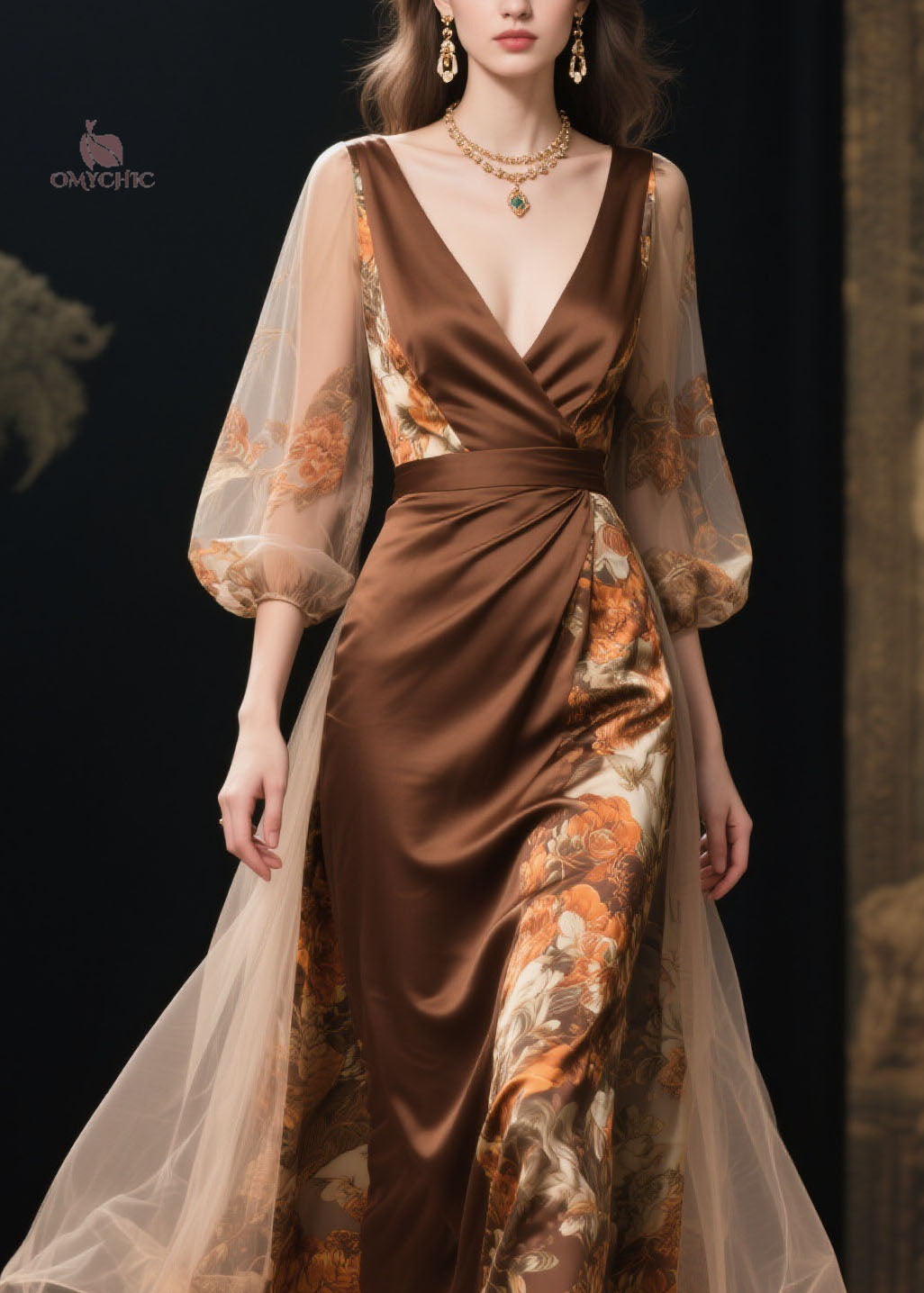 Floral Print Wrap Deep V-Neck Mesh Balloon Sleeve Maxi Gown - View 2