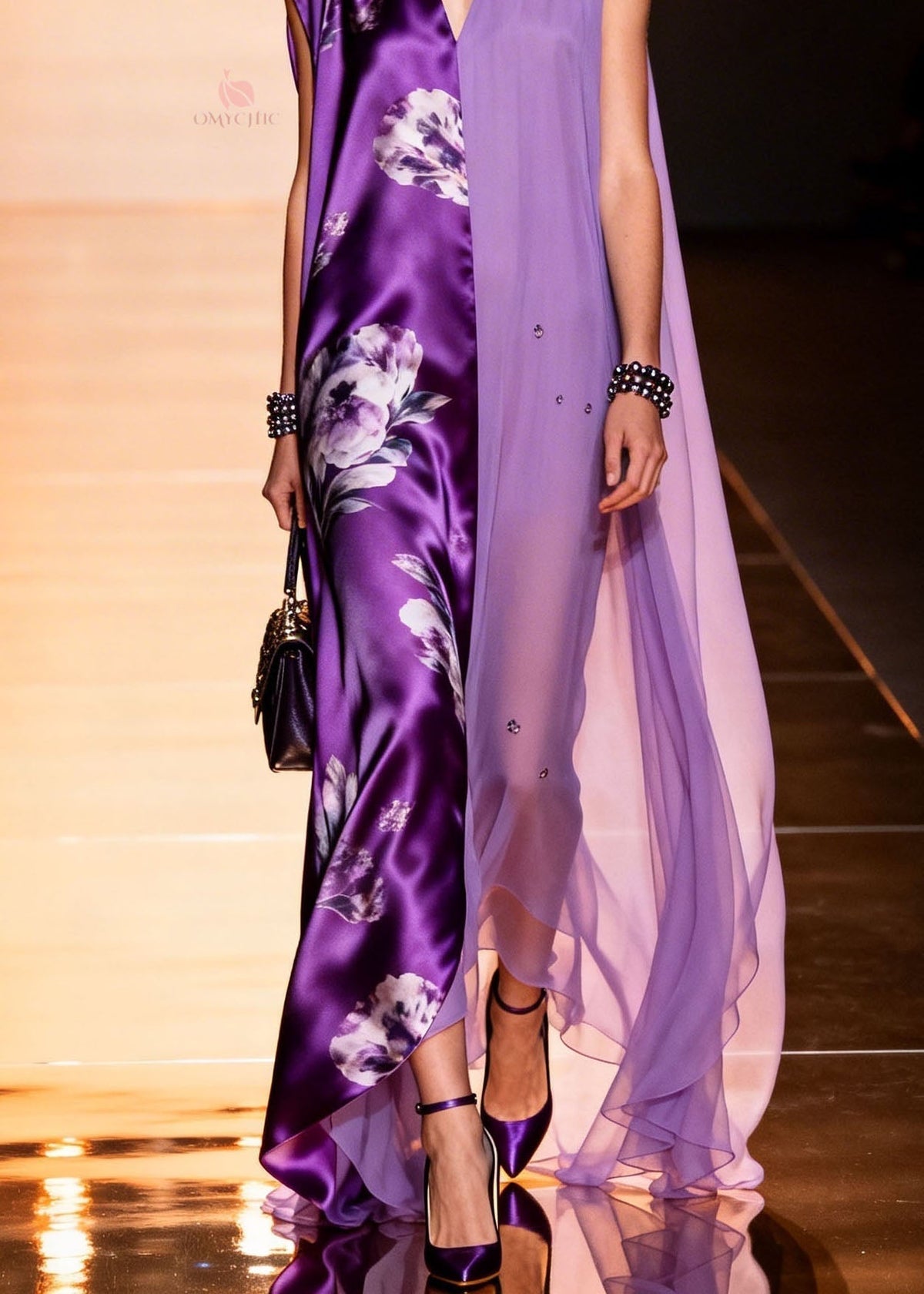 Floral Satin Beaded Chiffon Split Panel Deep V-Neck Maxi Gown - View 4