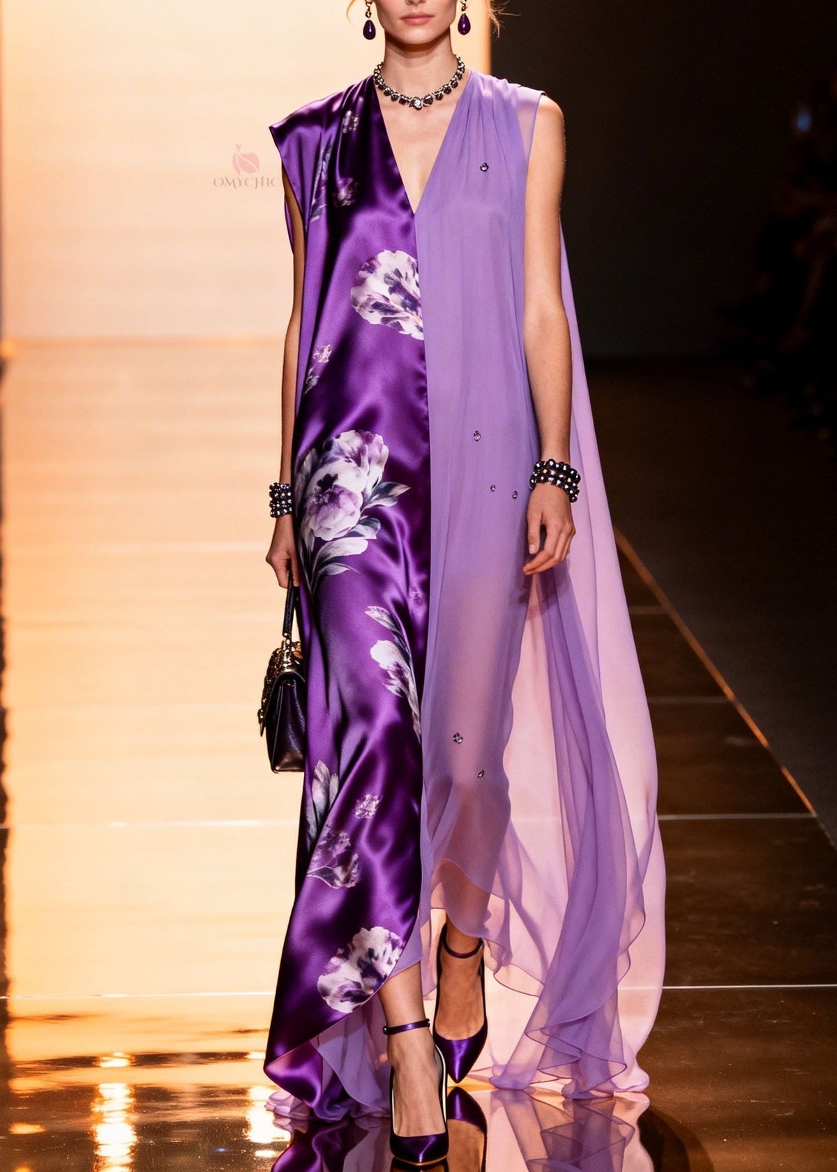 Floral Satin Beaded Chiffon Split Panel Deep V-Neck Maxi Gown - View 5