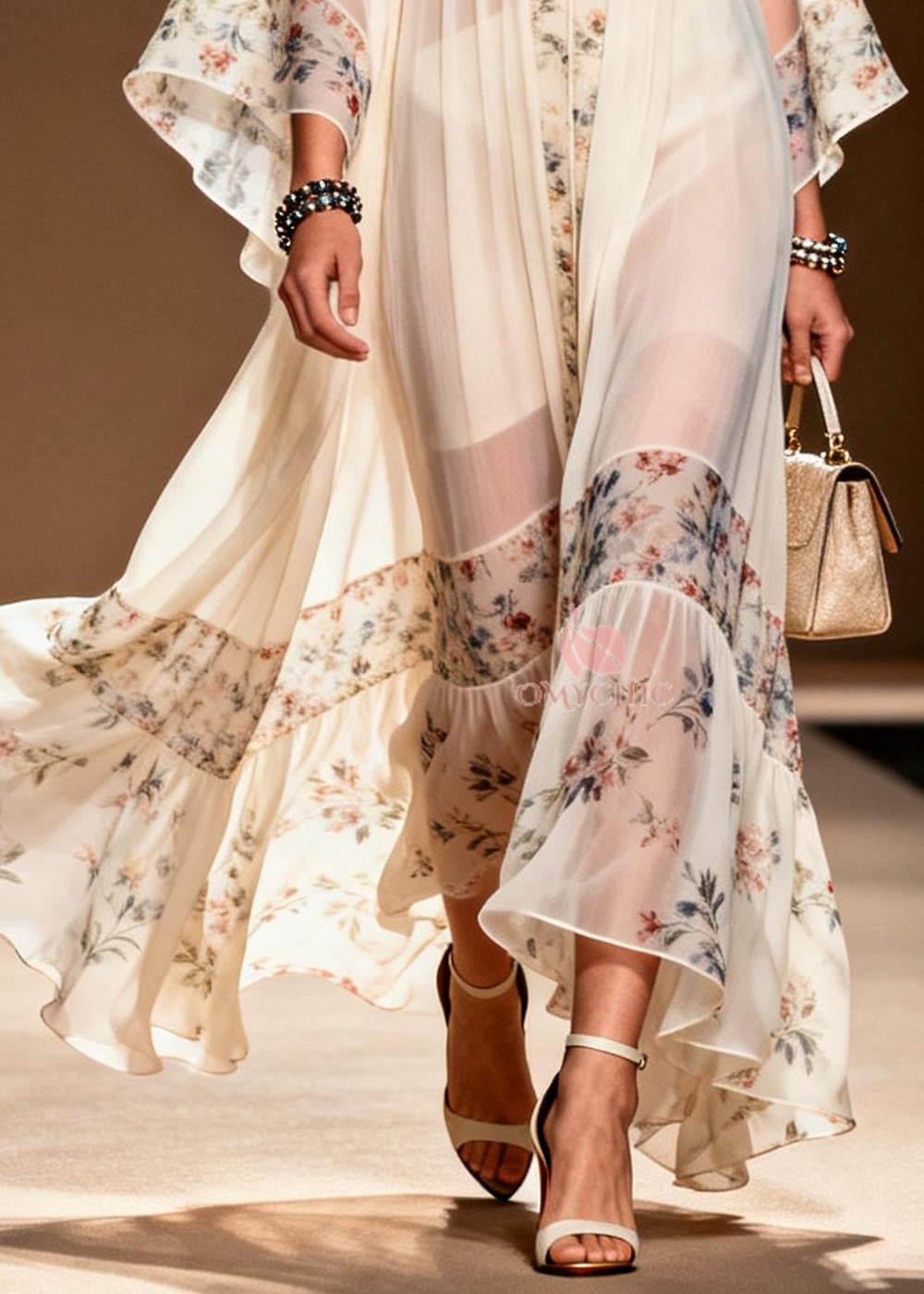 Sheer Chiffon Floral Border Deep V-Neck Sleeve Gathered Maxi Gown - View 4