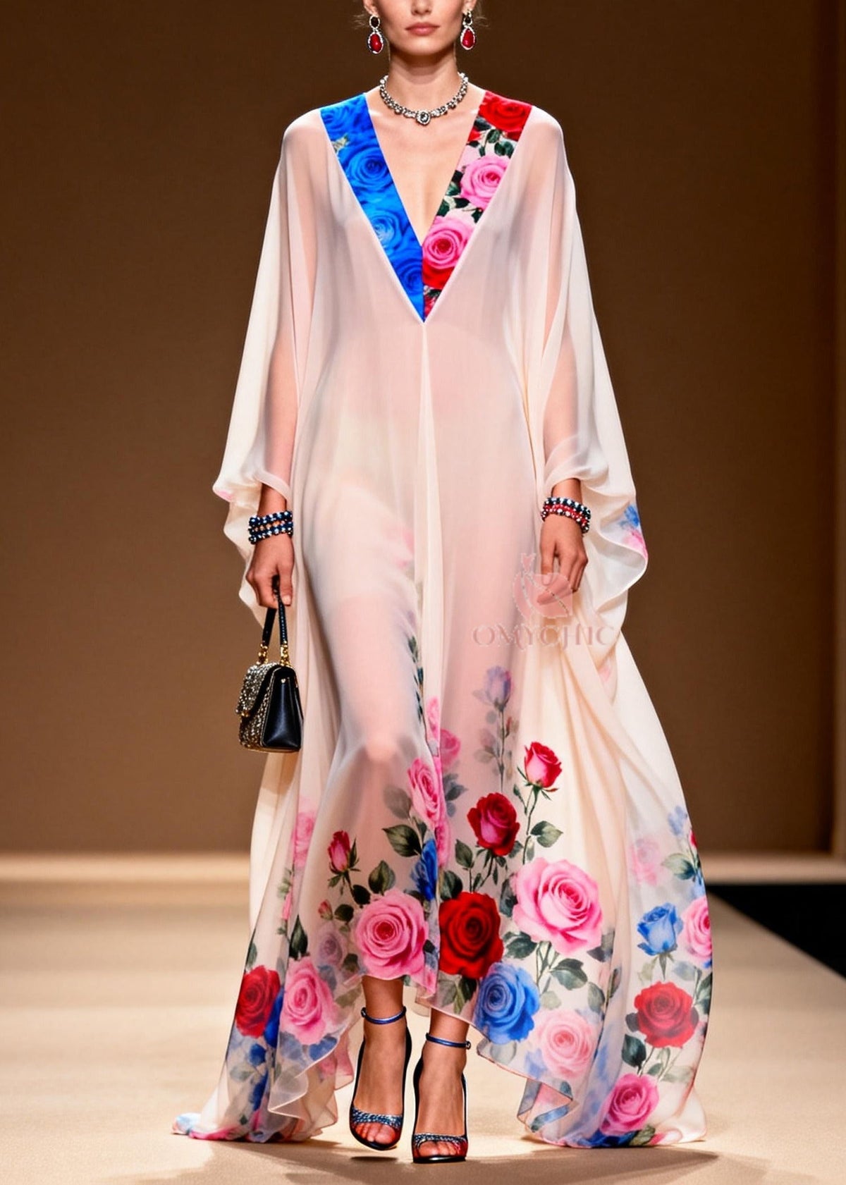 Floral Print Deep V-Neck Butterfly Sleeve Sheer Chiffon Maxi Gown