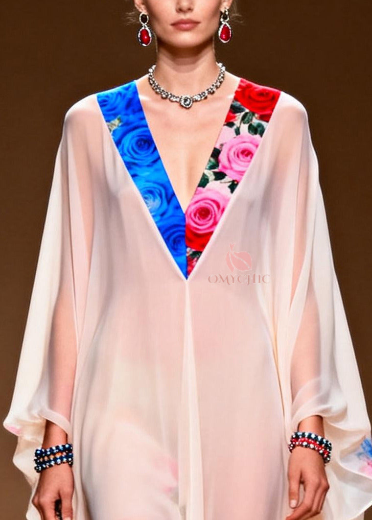 Floral Print Deep V-Neck Butterfly Sleeve Sheer Chiffon Maxi Gown - View 2