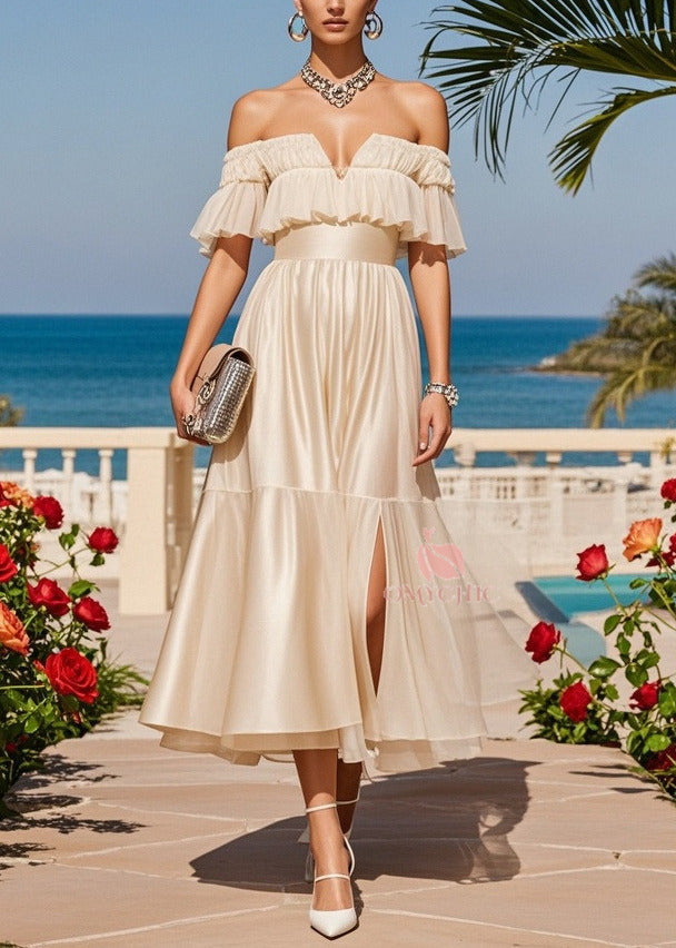 Off Shoulder Ruffle Flounce Waistband Pleated Midi Dress - View 5