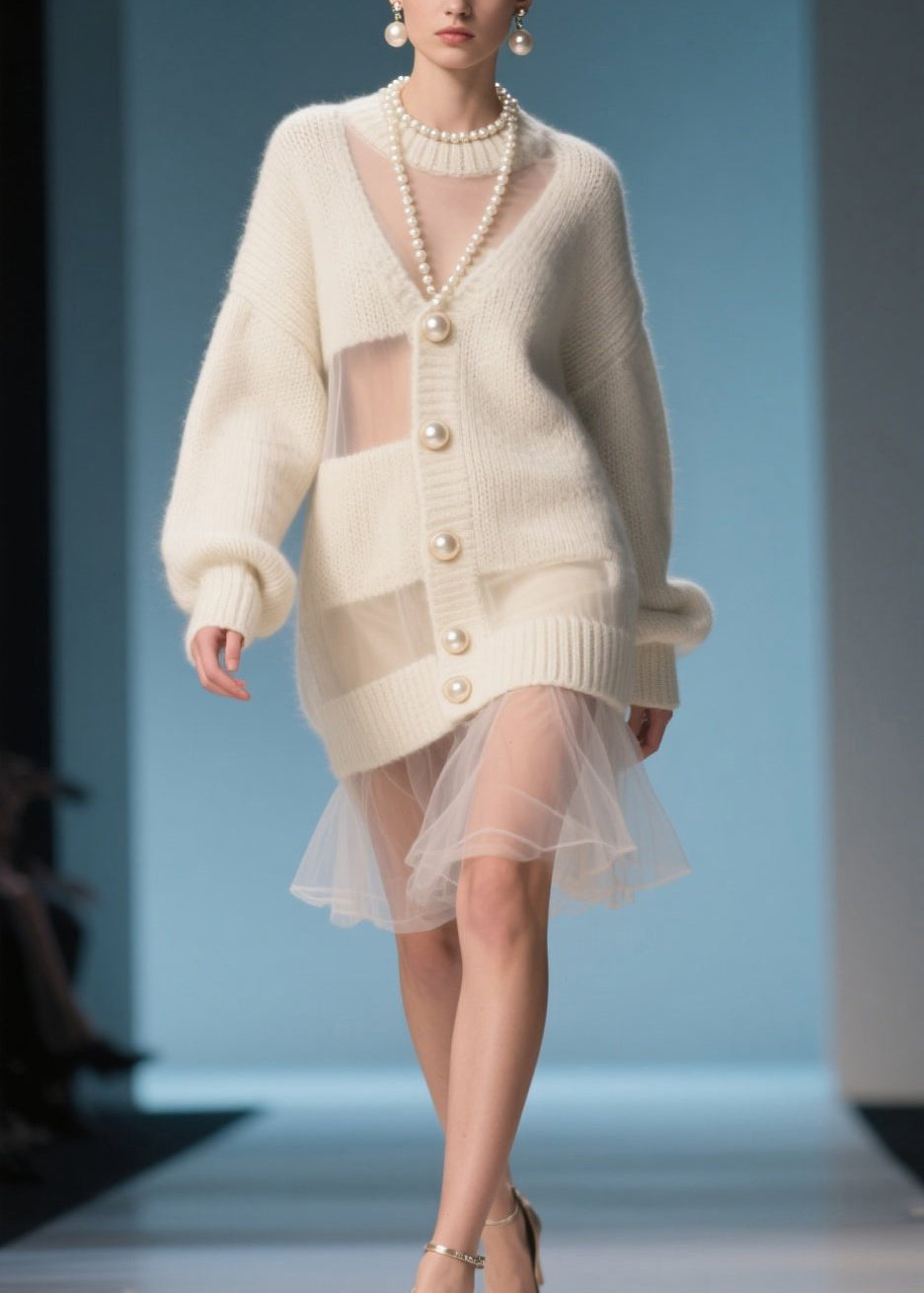 Colorblock Pearl Button Sheer Puff Sleeve Ribbed Knit Mini Dress - View 2