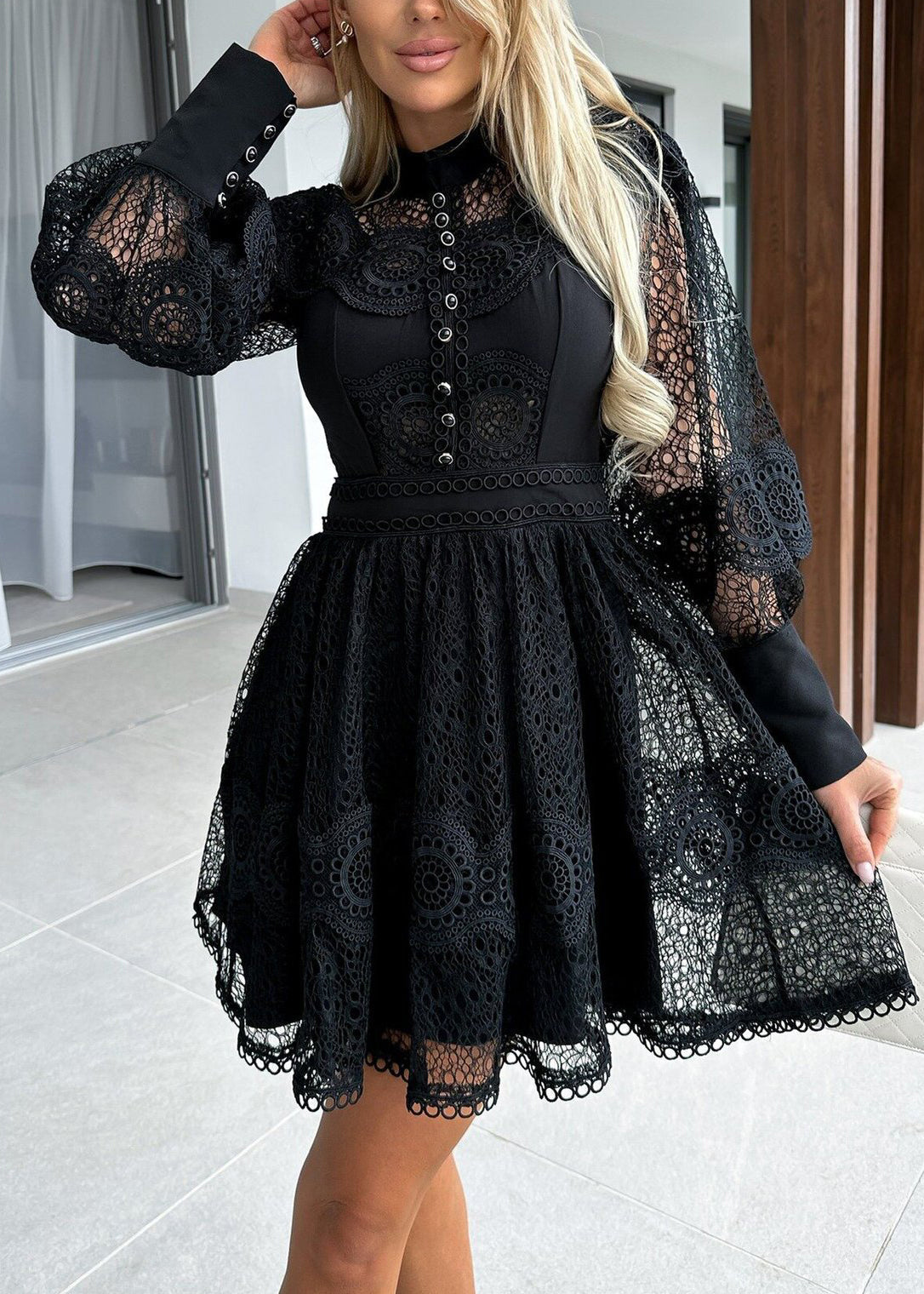 Lace Mock Neck Button Front Lantern Sleeve Panel Waist Mini Dress - View 3