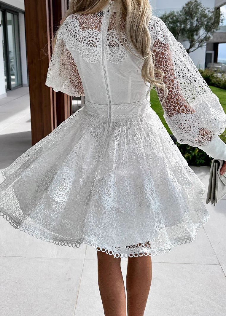 Lace Mock Neck Button Front Lantern Sleeve Panel Waist Mini Dress - View 4