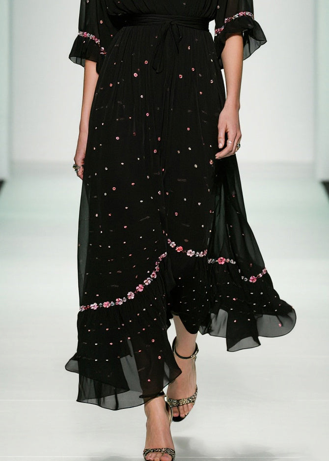 Floral Embroidery Deep V-Neck Flutter Sleeve Belted Maxi Gown - View 4