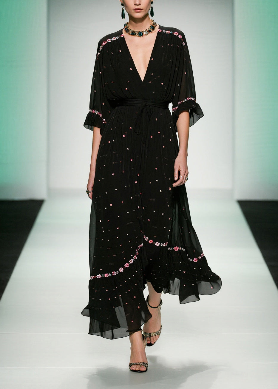 Floral Embroidery Deep V-Neck Flutter Sleeve Belted Maxi Gown - View 5