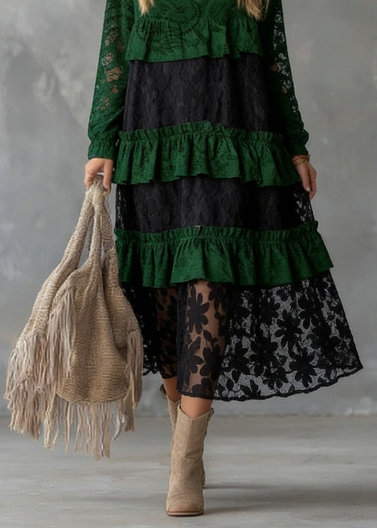 Fitted Green O Neck Ruffled Lace atchwork Cotton Dress Spring - View 4