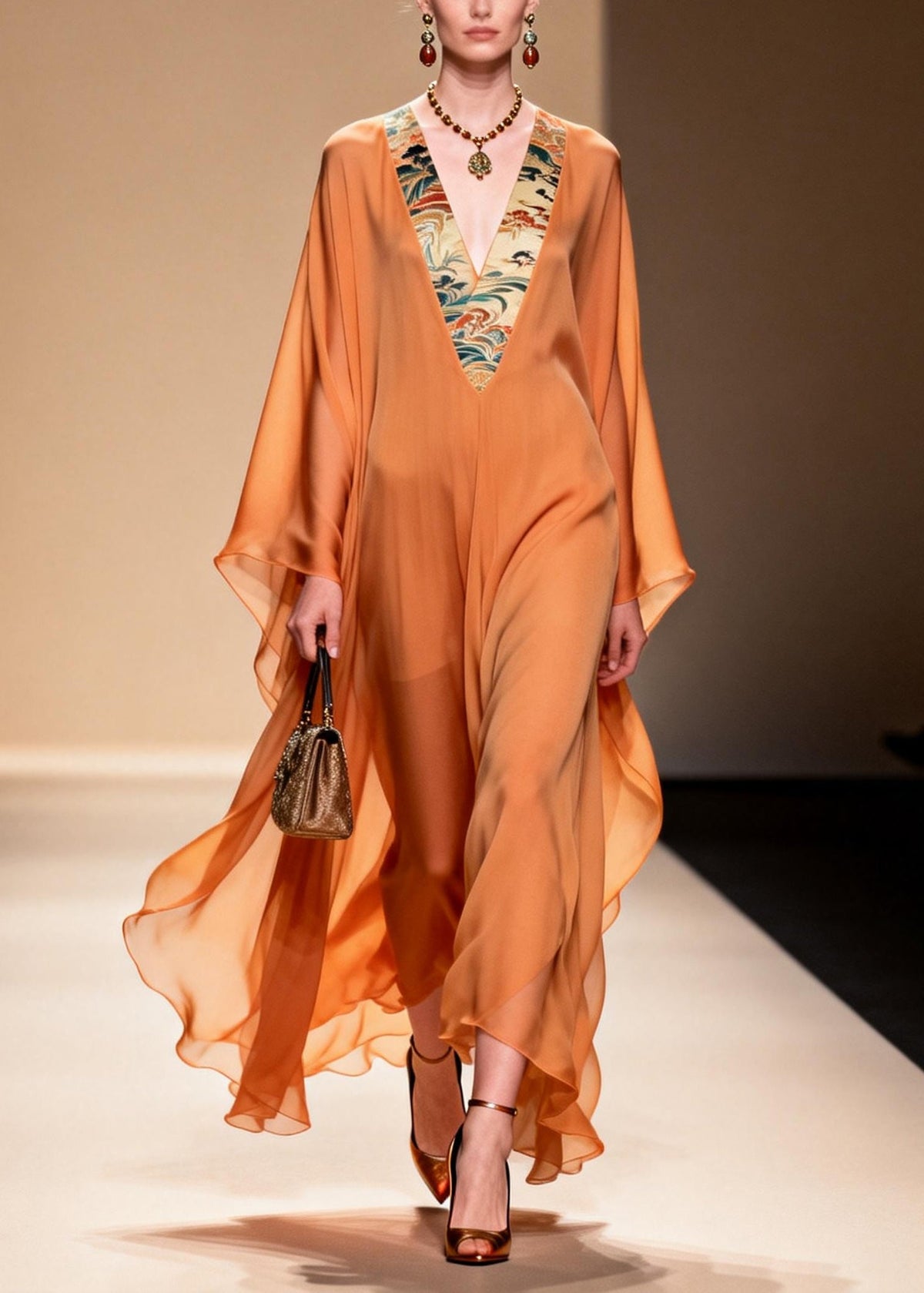 Deep V-Neck Sleeveless Floral Print Draped High Low Satin Maxi Dress - View 5