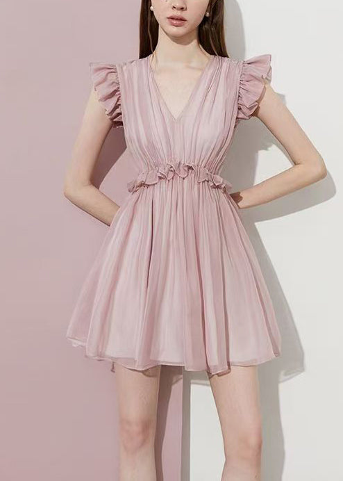 Fitted Pink Ruffled Chiffon Day Dress Summer - View 3