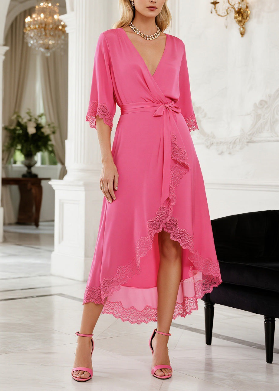 Lace Trim Deep V-Neck Tie Waist Bishop Sleeve High Low Wrap Midi Dress - View 5