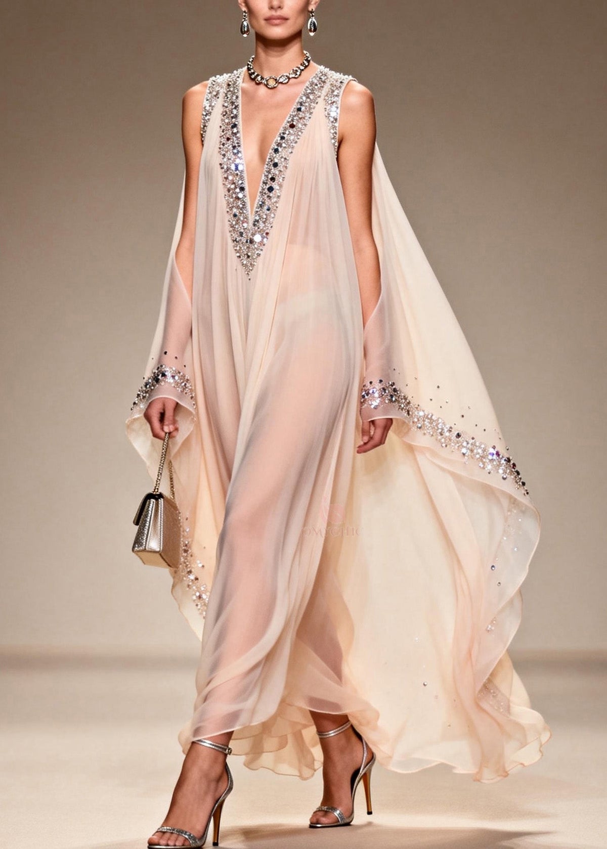 Chiffon Sheer Deep V-Neck Rhinestone Trim Cape Sleeve Floor Gown