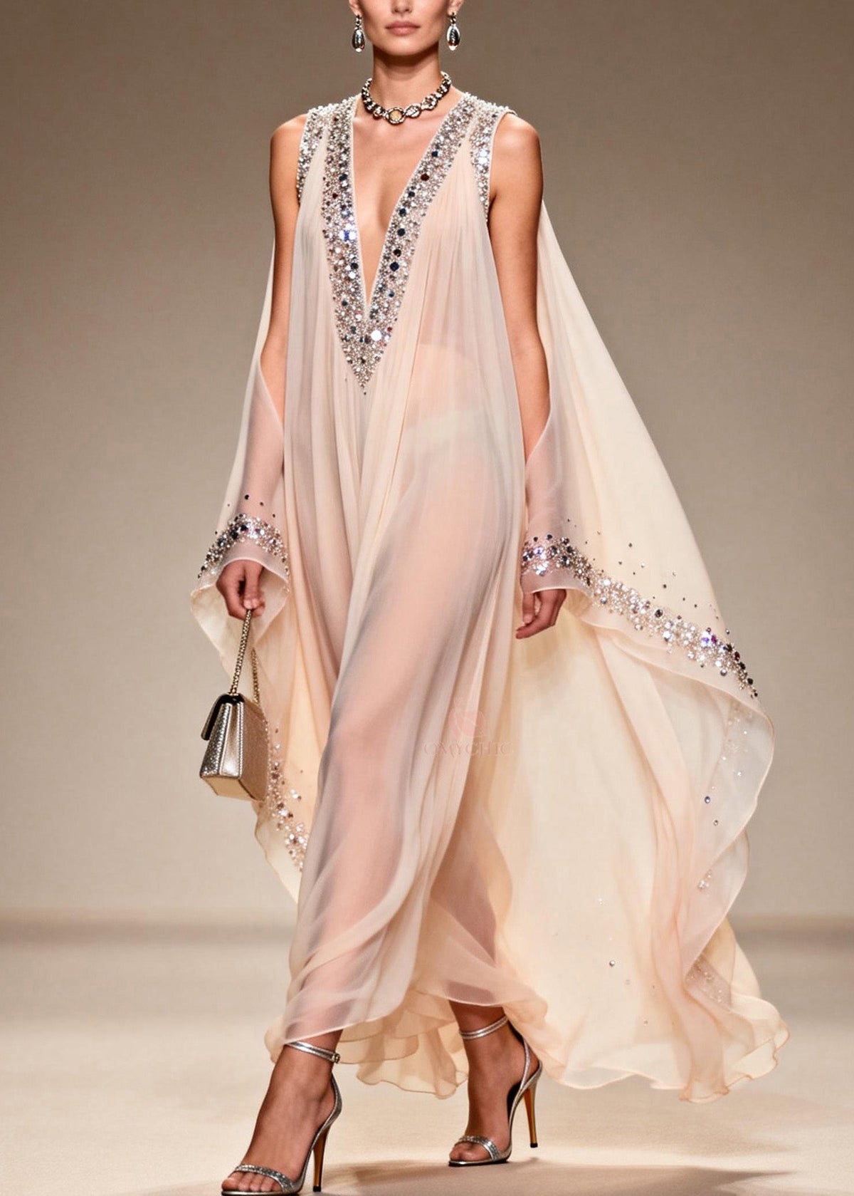 Chiffon Sheer Deep V-Neck Rhinestone Trim Cape Sleeve Floor Gown - View 5