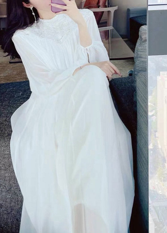 Chiffon Puff Sleeve Lace Embroidered Round Neck A-Line Maxi Dress - View 3