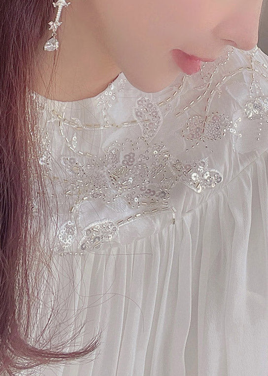 Chiffon Puff Sleeve Lace Embroidered Round Neck A-Line Maxi Dress - View 4