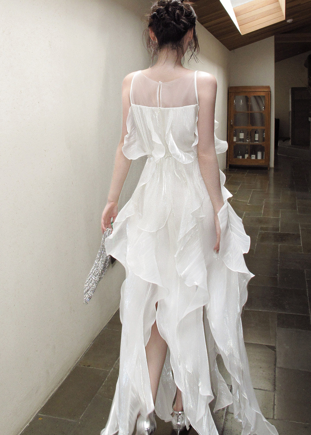 Fitted White Ruffled Patchwork Rhinestone Chiffon Long Dresses Summer - View 5