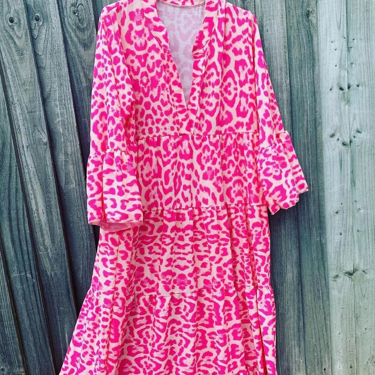 Leopard Print Mandarin Collar Deep V-Neck Long Sleeve Maxi Dress - View 5